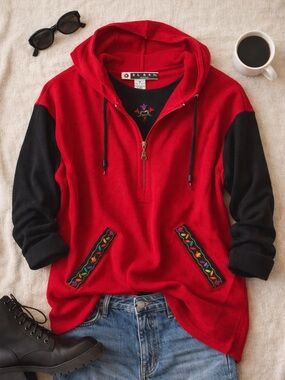 Vintage 90s Waffle Knit Hoodie Colorblock Red Black Embroidered Detail Petite M